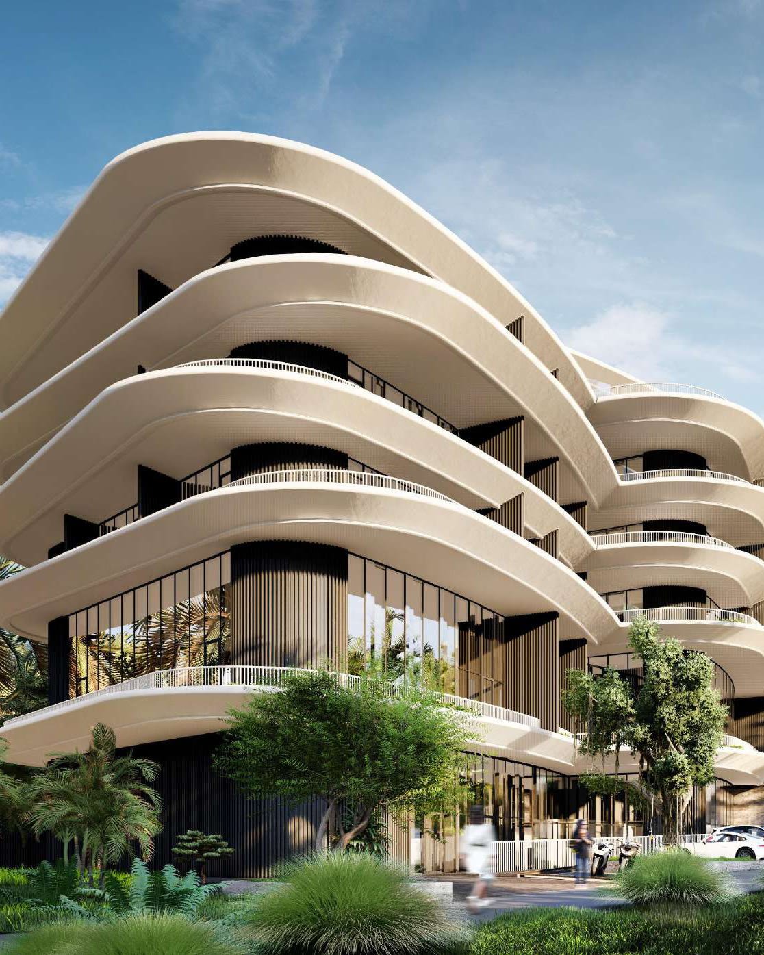 Mandrem: curved white terraces of the main building by JK Lab Architects