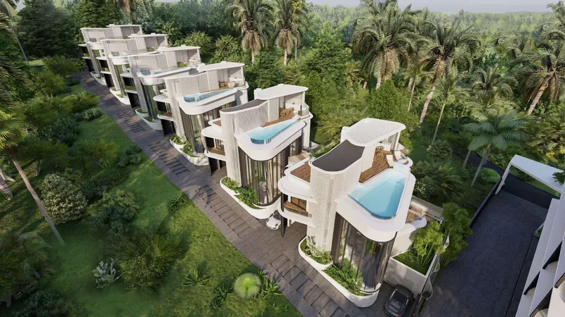 Mandrem: villas stepping down the hillside, each with a private pool