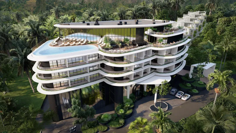Mandrem: aerial view of the main building and its rooftop pool