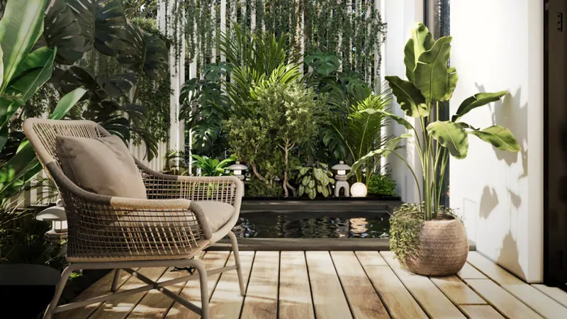 Private garden deck with planting and a plunge pool