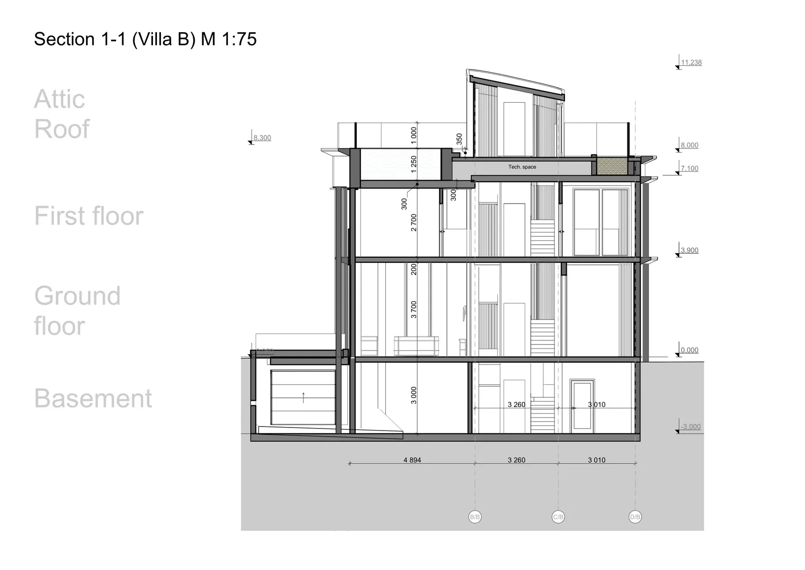 Villa B: section 1-1 through all four levels