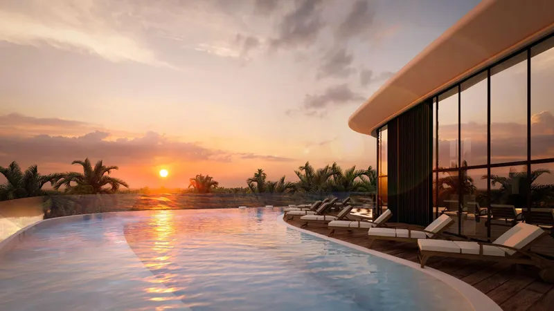 Infinity pool terrace at sunset